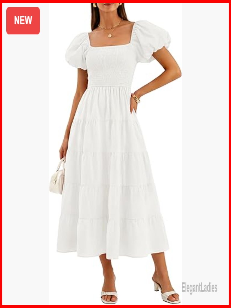 Square Neck Puff Sleeve Smocked Midi Dress Flowy Tiered